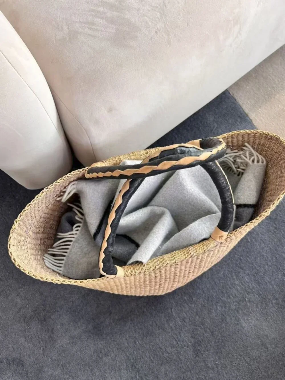 Brand New Bolga Large Handwoven Ghanaian Straw Market Tote Basket – Light Purple